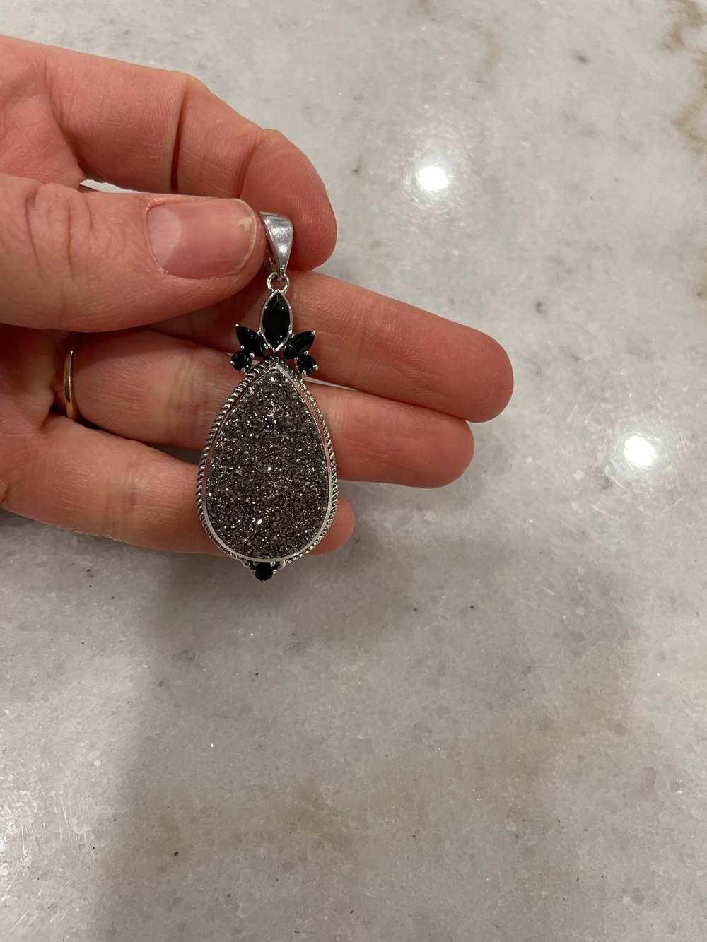 Silver Teardrop Druzy Pendant with Black Accents - Elegant Women’s Jewelry